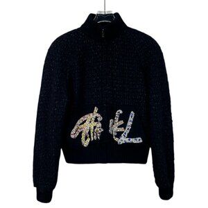 Chanel Black Textured Knit Zip-Up Jacket With Crystal Embellished Pockets